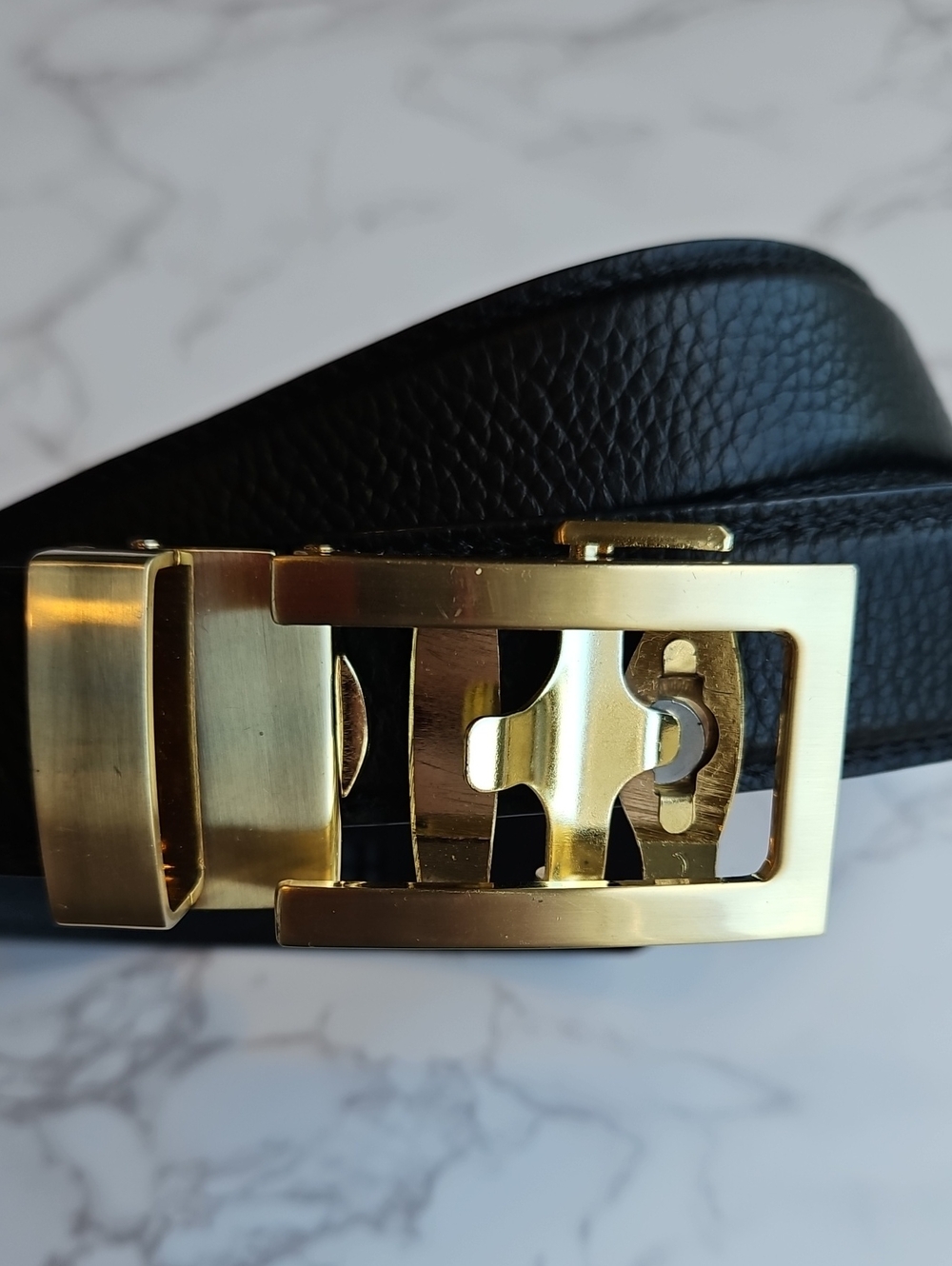 Anson Black Leather Men's Automatic Belt with Gold Buckle